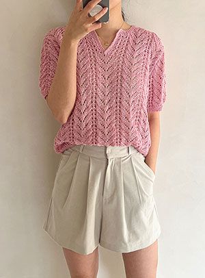 린넨100 레이스 반팔 니트