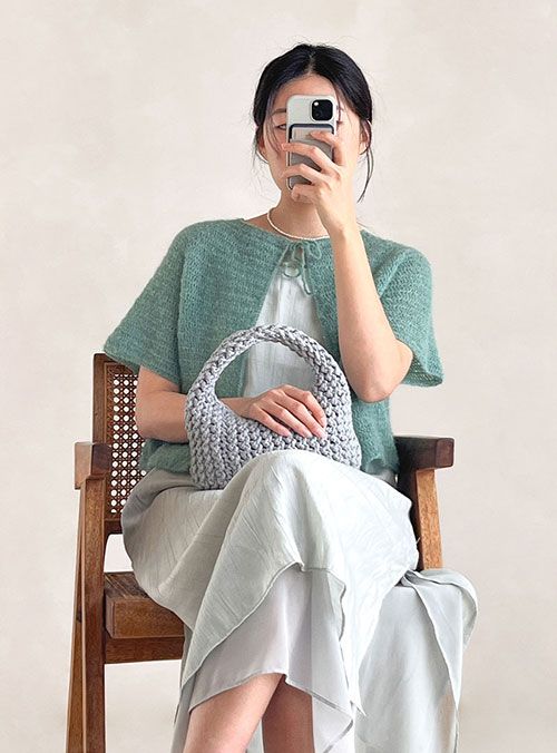 새틴 알파카 모헤어 리본타이 코바늘 반팔 가디건